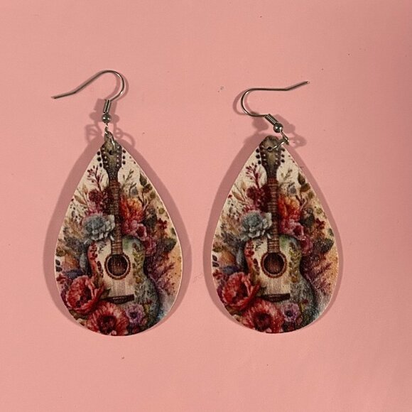 Boho Floral Guitar Earrings - Picture 2 of 3
